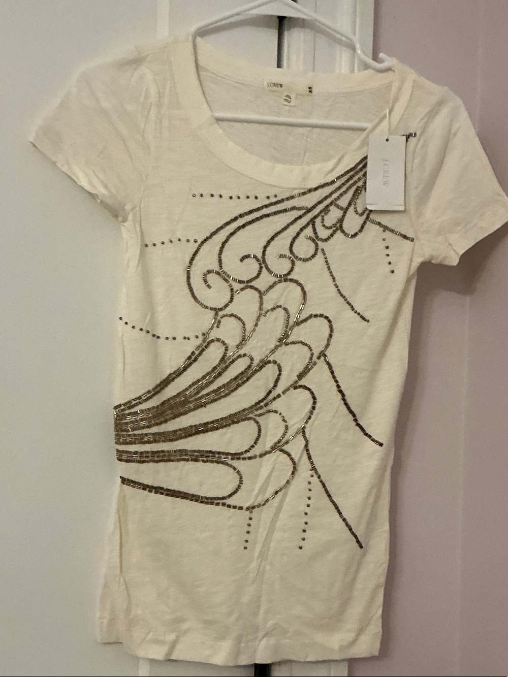 J. Crew Cream Short-Sleeve Tee with Gold Sequin Design